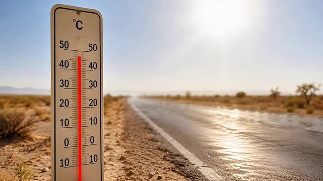 Roadside thermometer showing dangerous heat beside dry summer road