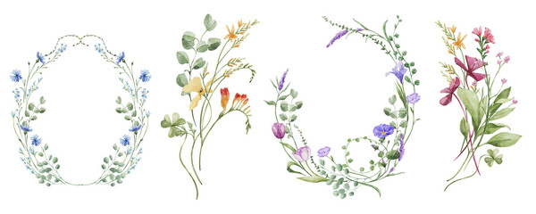 Fototapeta premium Spring summer floral bouquet frames. Watercolor colorful wildflower floral clipart, flower meadow. Wedding floral frame.