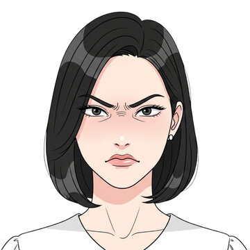 Illustration of angry woman with dark hair on transparent background PNG