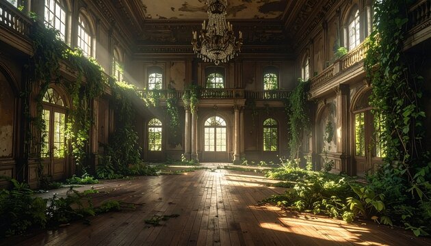 Elegant historic palace interior with ornate chandeliers and marble floors.