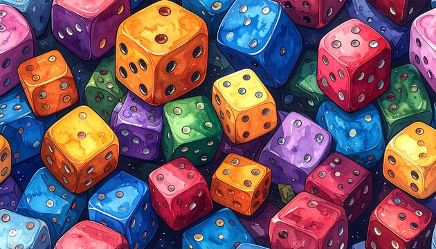 A vibrant, colorful illustration of numerous six-sided dice, each with a different hue, scattered randomly. A watercolor effect is evident