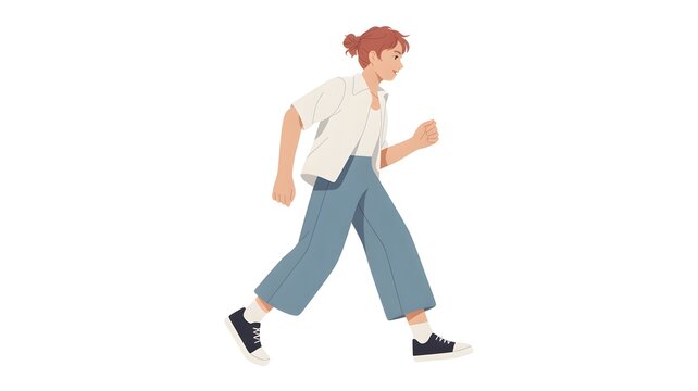 Young Woman Running with Determination in Casual Outfit Against White Background