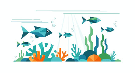 Geometric Fish Swimming in Coral Reef Underwater Scene © leyat
