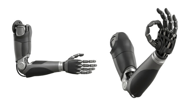 Two detached black-gray bionic prosthetic arms with articulated fingers one shows an OK gesture and the other an outstretched palm on a transparent background
