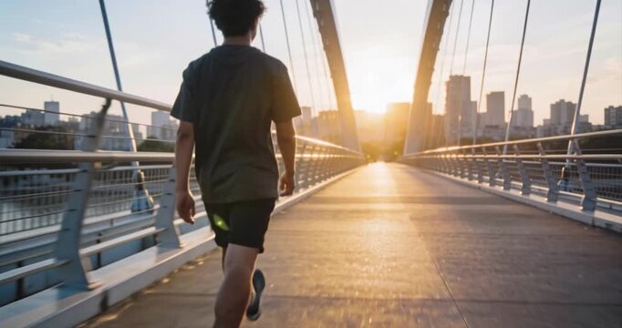 Person walking on bridge at sunset