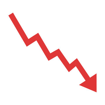Bold red jagged line chart with a sharp arrow depicting a descending data trend, isolated on a white background. Financial decline concept