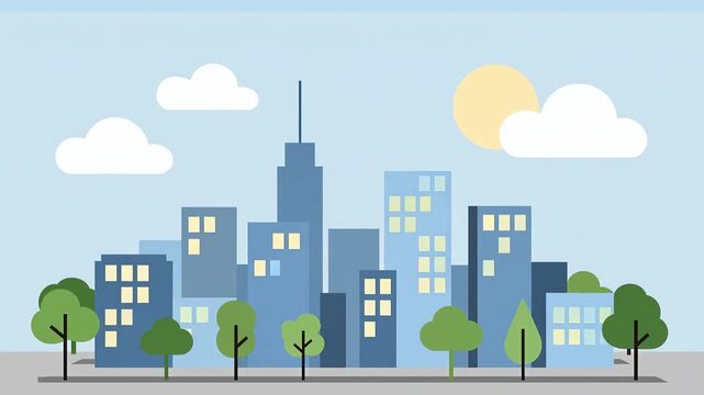 Animated Cityscape with Trees and Clouds on a Sunny Day.