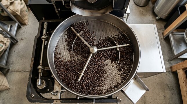 Close-up Shot of Roasted Organic Coffee Beans in a Circular Cooling Agitator at a Local Roastery, High Quality Arabica Beans Releasing Steam and Aroma During the Final Cooling Process.