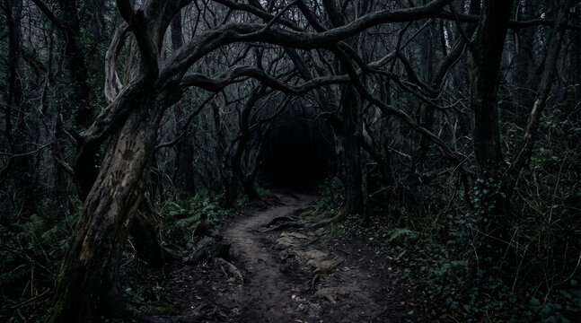 Mysterious forest path with twisted trees and dark atmosphere