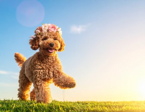 花かんむりをつけて笑顔で芝生をかけまわるかわいい茶色のトイプードル　ドッグモデル　犬