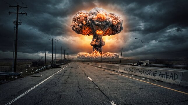 Asphalt road goes to a nuclear explosion. Terrible atomic explosion of a nuclear bomb with a mushroom cloud of radioactive dust. Hydrogen bomb test. Nuclear catastrophe. Way to nuclear war