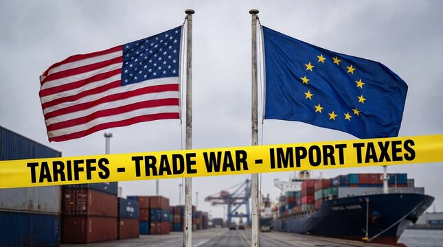 Flags of the USA and European Union separated by yellow tape marked "TARIFFS," symbolizing economic conflict, trade war, import taxes