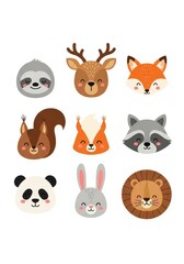 Naklejka premium Cute Cartoon Animal Faces Set - Sloth, Deer, Fox, Squirrel, Raccoon, Panda, Rabbit, and Lion Vector Illustrations for Kids
