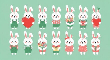 Fototapeta premium Cute Cartoon Bunny Character Set with Hearts Flowers and Gifts for Valentine's Day and Easter Celebration Illustration