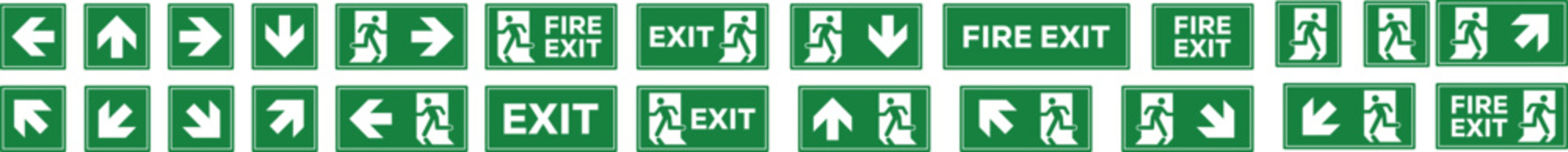 Emergency Exit Sign Vector Collection with Fire Exit Symbols Direction Arrows and Safety Evacuation Icons