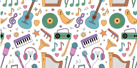 Colorful seamless pattern of hand drawn music instruments and notes including guitar piano microphone and headphones in doodle style vector © MdLabib