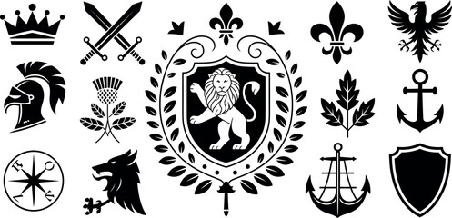 Heraldic royal symbols vector set featuring lion shield crown swords eagle and fleur de lis for luxury crest and emblem design © MdLabib