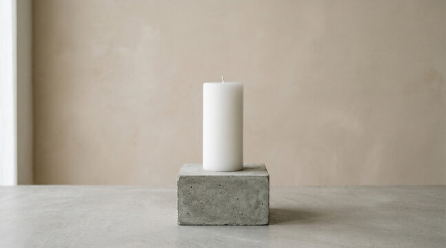 A white candle on a concrete block on a table indoors