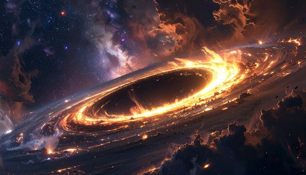 A vibrant cosmic depiction showcases a swirling, fiery entity consuming the universe, with stars visible