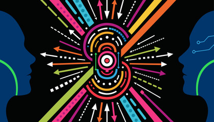 Fototapeta premium Very beautiful neon artificial intelligence brain radiating vibrant energy between human silhouettes, showcasing deep learning, digital consciousness, and futuristic technology advancement in cinemati