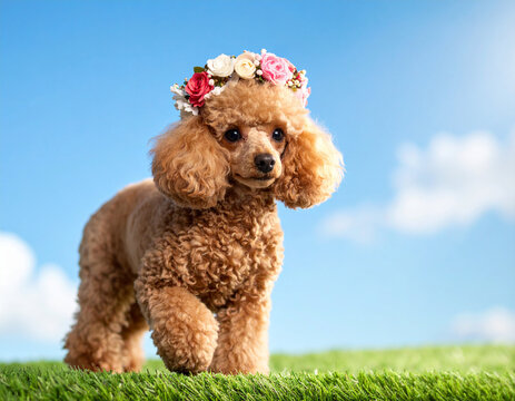 花かんむりをつけて笑顔で芝生をかけまわるかわいい茶色のトイプードル　ドッグモデル　犬
