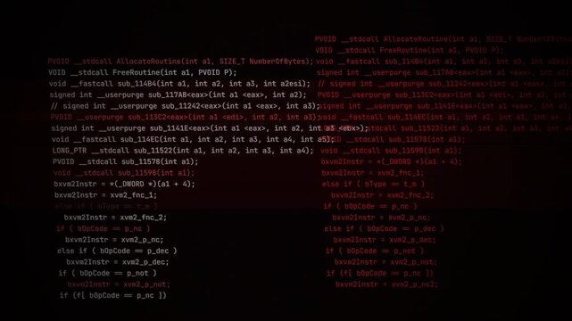 Scrolling computer code with red digital glitch effects on dark terminal, hacking interface, cyber security breach, malware virus, data encryption error loop 4k video