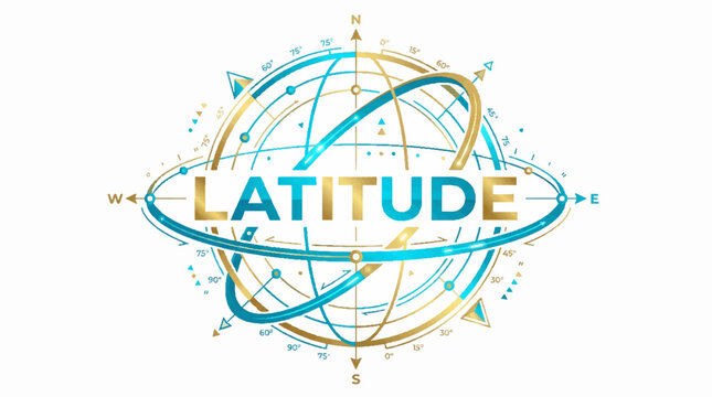 Latitude wordmark with abstract global grid and compass directions in gold and teal vector illustration