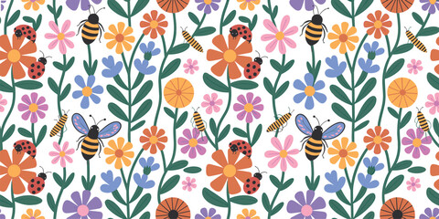 Beautiful seamless pattern with colorful meadow flowers, cute bees, and ladybugs for spring and summer design projects © MdLabib