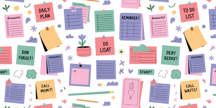Cute seamless pattern with colorful sticky notes, to-do lists, reminders, and stationery elements for organizational and planning projects
