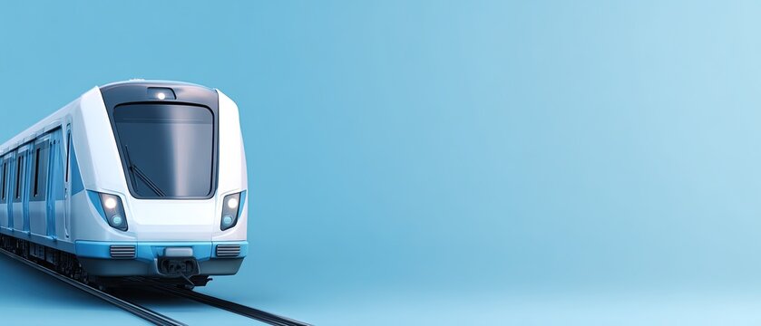 Sleek modern metro train on rails with minimal blue background, perfect for transport, urban development, or technology concepts.