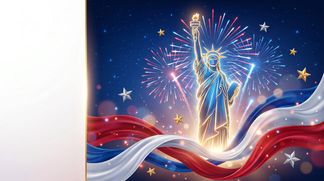 Patriotic Statue of Liberty, 4th of July fireworks, American flag waving, night sky