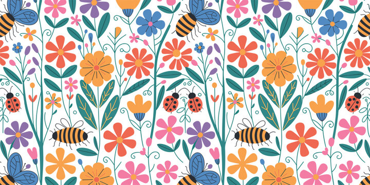 Beautiful seamless pattern with colorful meadow flowers, cute bees, and ladybugs for spring and summer design projects