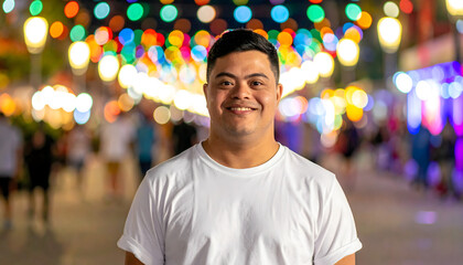 Fototapeta premium Man with Down syndrome standing beneath carnival lights during evening festival creating a joyful happy vibrant dramatic artistic portrait photograph generative AI