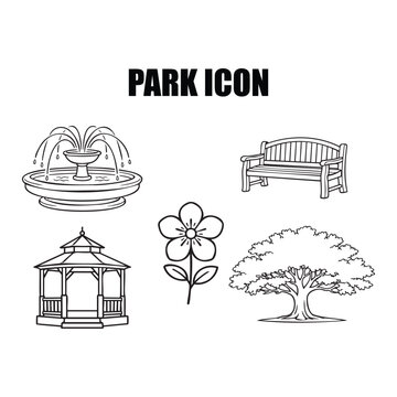 Clean black and white line vector icons featuring park elements including fountain, bench, gazebo, flower, and tree.