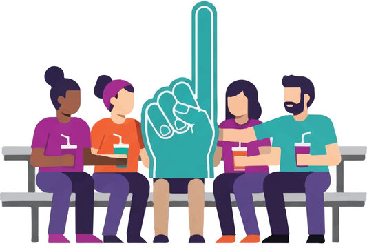 A small section of a stadium bleacher with four diverse fans sitting together, sharing a large minimalist foam finger and a drink. Simple block shapes and high-contrast colors like purple and