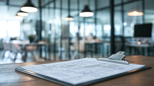 Focused medium shot of a clipboard gripping detailed monitoring forms featuring crisp clarity amid a softly diffused office backdrop with glass walls and minimalistic furniture.