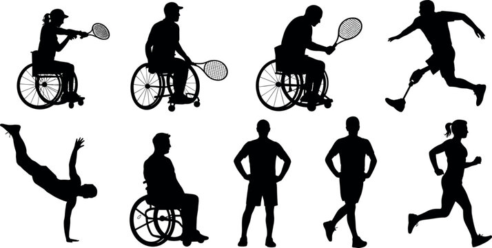 Black silhouettes collection of paralympic athletes using wheelchairs and prosthetic legs playing sports and running vector illustration