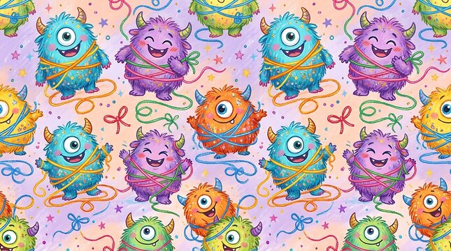 Paper Gift Fluffy one-eyed monsters tangled in colorful yarn + confetti. Super playful + kid-friendly.