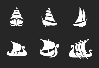 Set of diverse white ship and boat vector logos. Stylized icons featuring various nautical vessels including classic sailing ships, modern yachts, and ancient Viking longboats on a dark background. © Alpha Vector