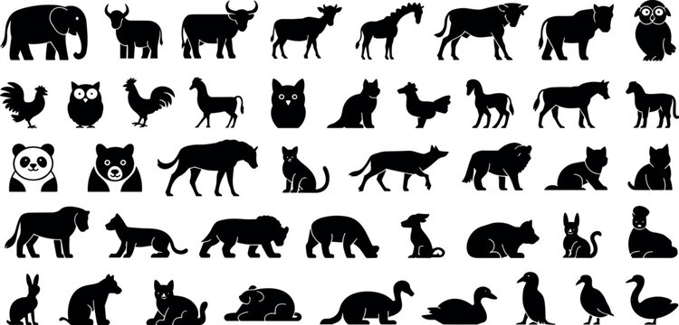Large set of wild and domestic animal silhouettes including elephant lion panda horse and bird shapes for nature design elements