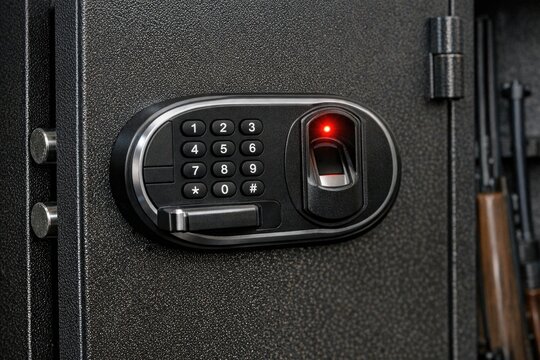 A close-up view of a gun safe box with a lock and key