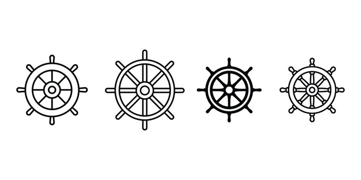 Set of ship steering wheels isolated on white background nautical equipment vector icons.