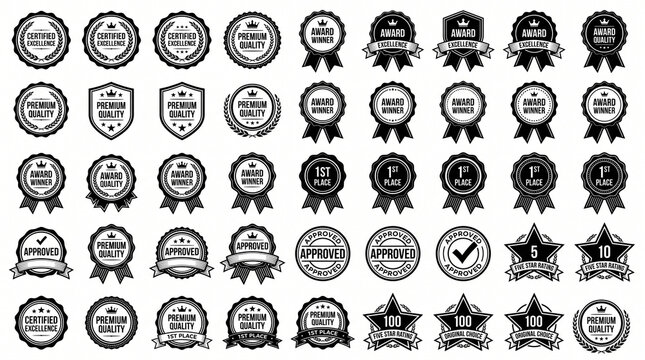 Vintage inspired award badge vector set featuring premium medals, certification seals, quality labels, achievement ribbons, and guarantee emblems. Ideal for branding, packaging, online stores, certifi