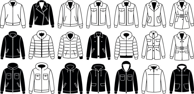 Set of men autumn and winter jacket icons bomber leather coat puffer and hoodie outlines for outerwear fashion design
