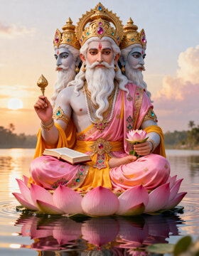 Lord Brahma Creator God in Hindu Mythology, Brahma Ji Seated on Lotus writing Vedas