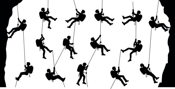 Rock climbing and mountaineering vector silhouette icons collection of people rappelling descending cliff walls with ropes and backpacks