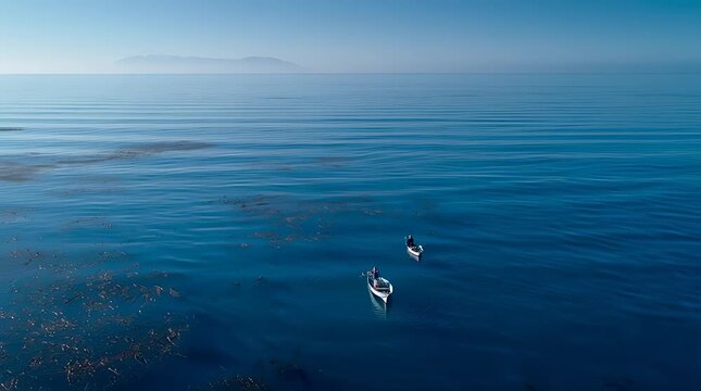 Dramatic aerial view of a lone kite flying over the deep blue ocean.