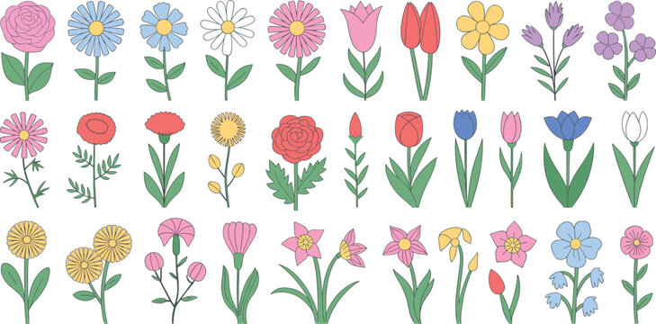 Colorful vector flower icon set featuring cute simple hand drawn floral illustrations of tulips daisies roses and botanical elements