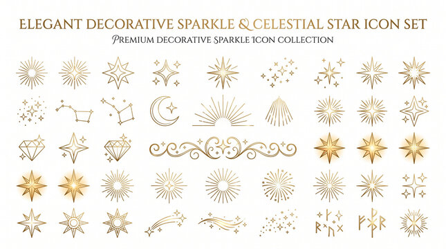 Elegant decorative sparkle and celestial icon collection featuring stars, moons, radiant ornaments, and mystical luxury symbols. Perfect for beauty branding, spiritual themes, astrology content, femin