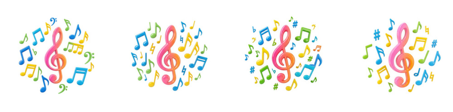 Set of colorful treble clef music symbols with surrounding notes isolated on transparent background